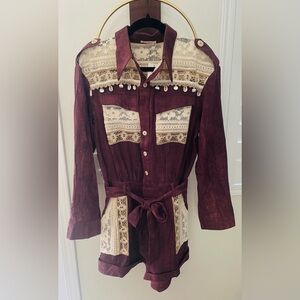 La'Ros Burgundy/Brown Faux  Suede Romper with Crochet Lace & Shell Trim